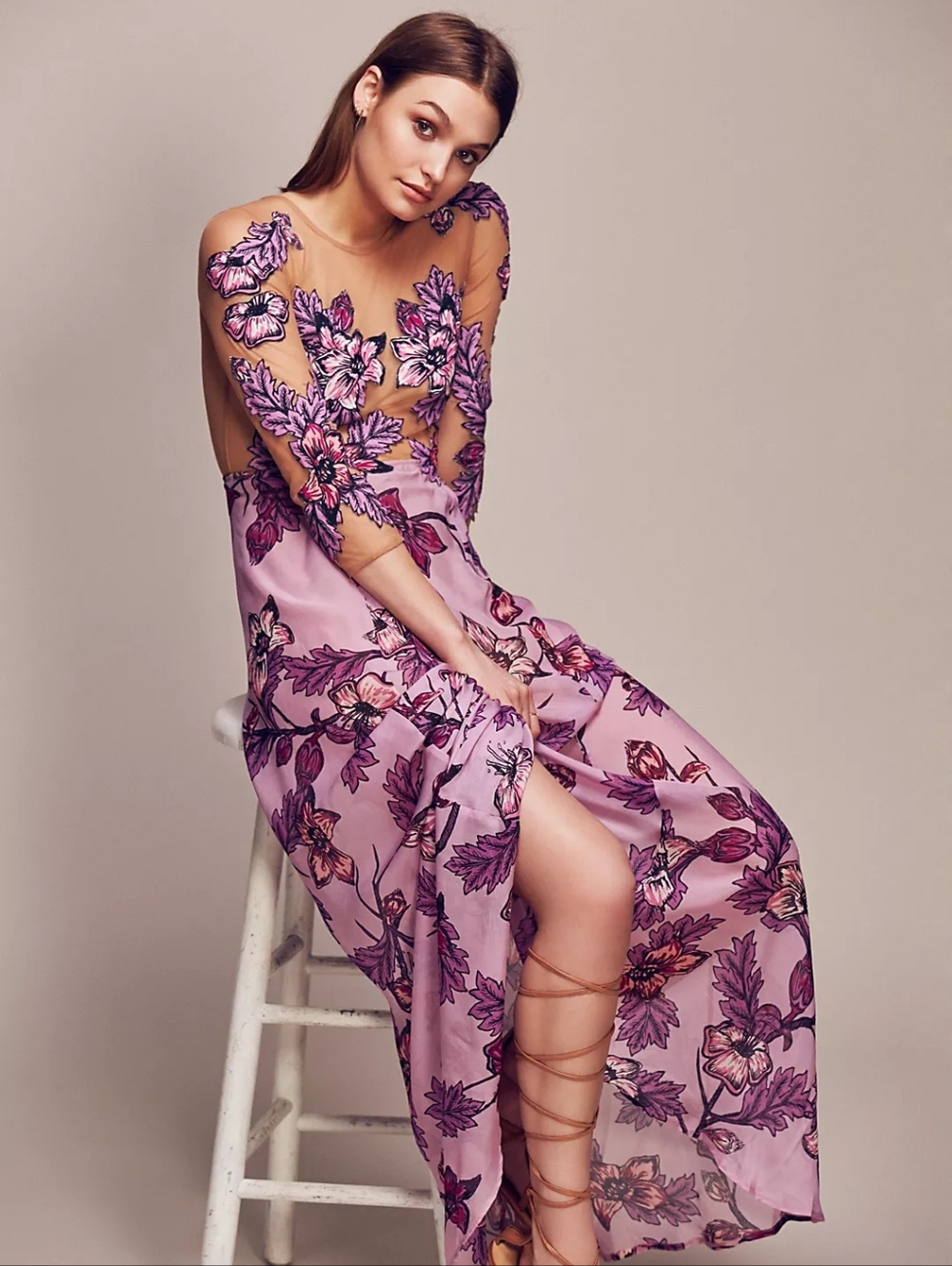 Rare! Brand New For Love And Lemons Sierra Maxi Dress Silk Flora Mesh Back XS